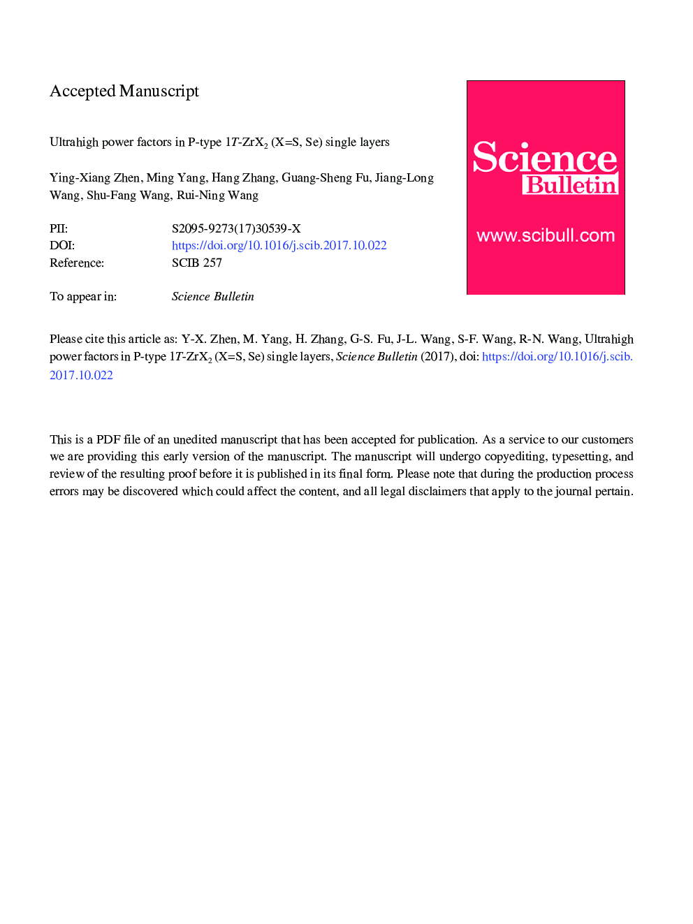 Ultrahigh power factors in P-type 1T-ZrX2 (Xâ¯=â¯S, Se) single layers