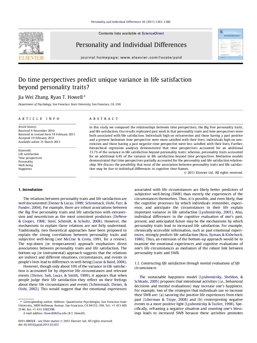 Do time perspectives predict unique variance in life satisfaction beyond personality traits?