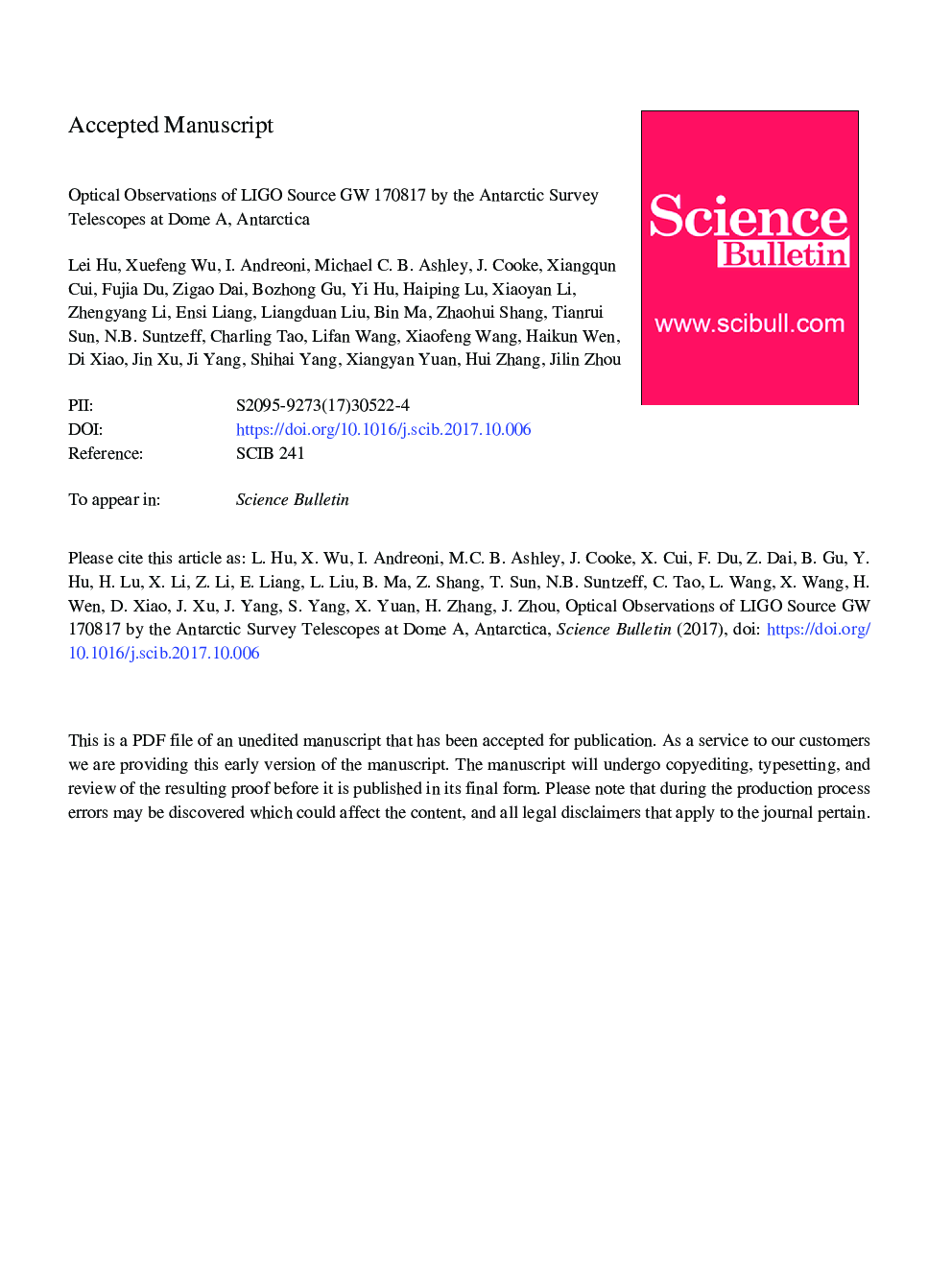 Optical observations of LIGO source GW 170817 by the Antarctic Survey Telescopes at Dome A, Antarctica