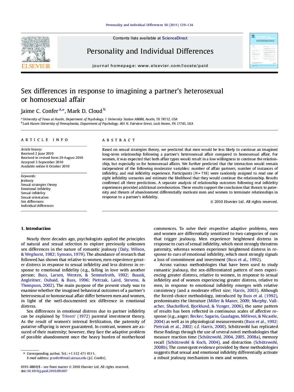 Sex differences in response to imagining a partner’s heterosexual or homosexual affair