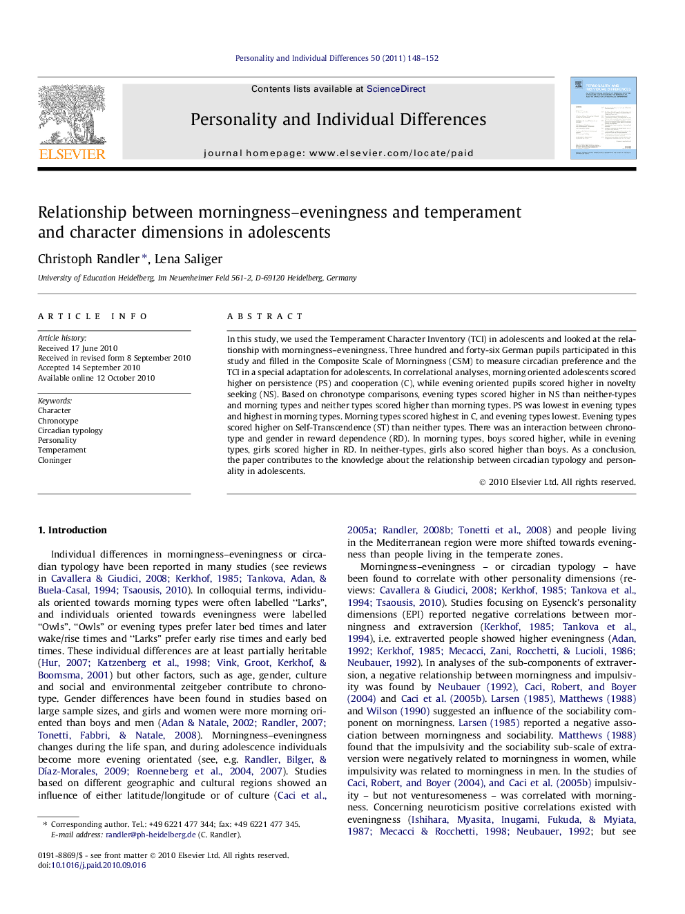 Relationship between morningness–eveningness and temperament and character dimensions in adolescents