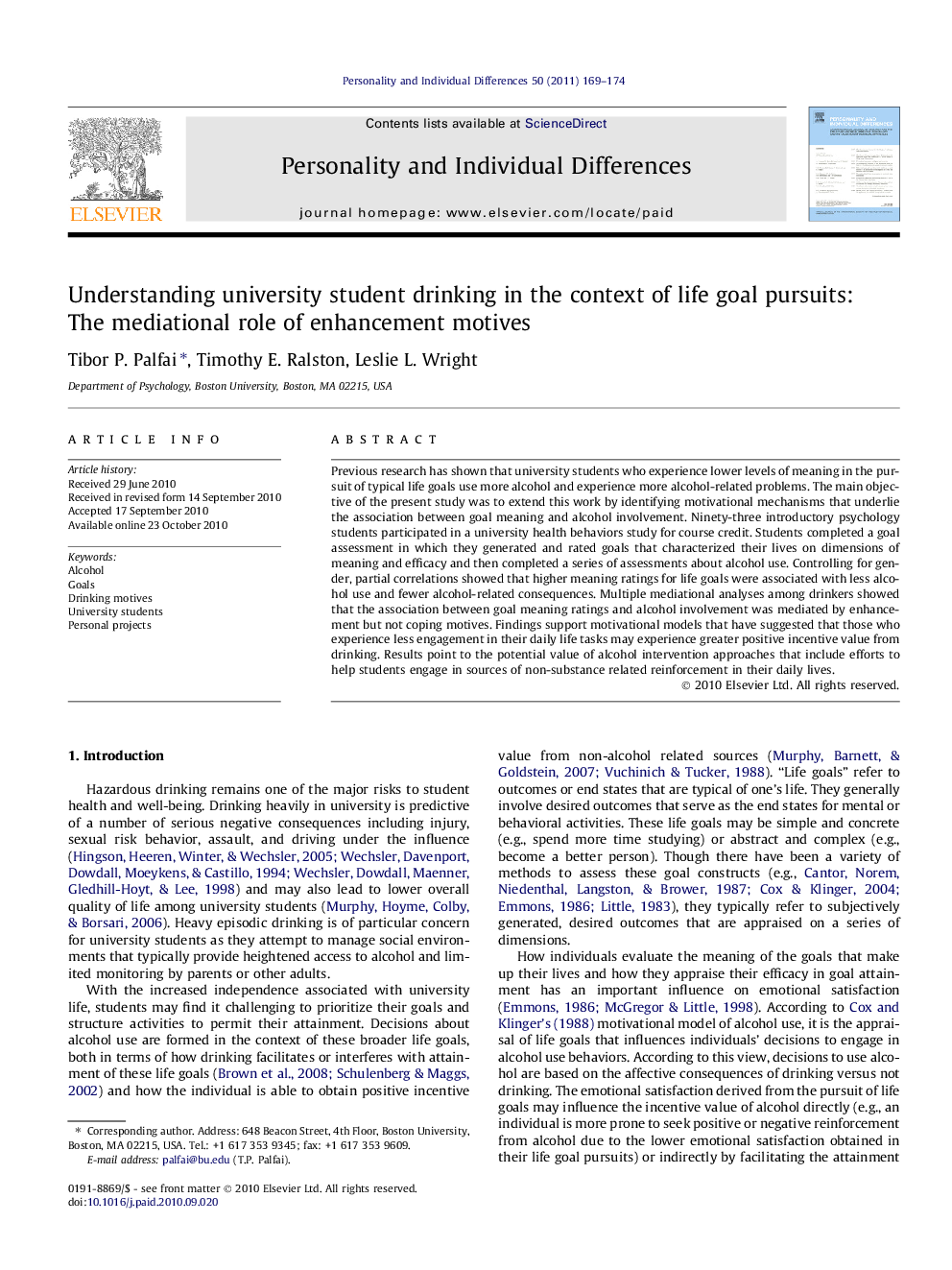 Understanding university student drinking in the context of life goal pursuits: The mediational role of enhancement motives