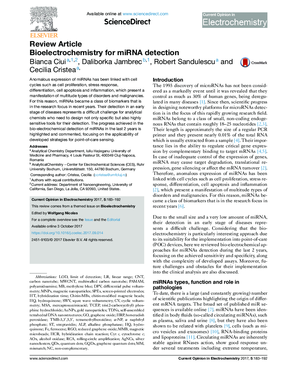 Bioelectrochemistry for miRNA detection