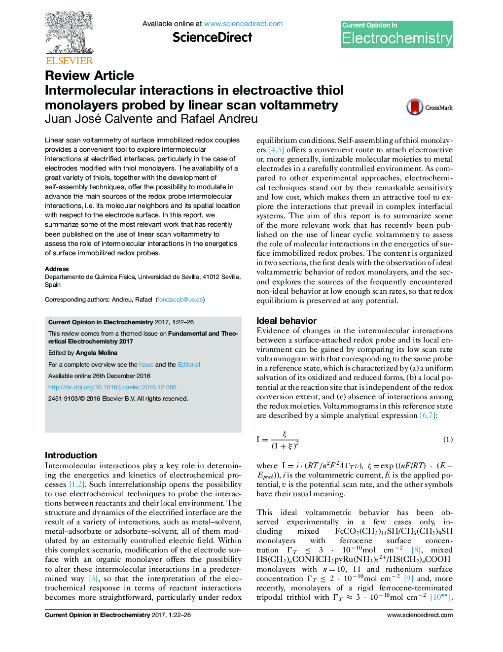 Intermolecular interactions in electroactive thiol monolayers probed by linear scan voltammetry