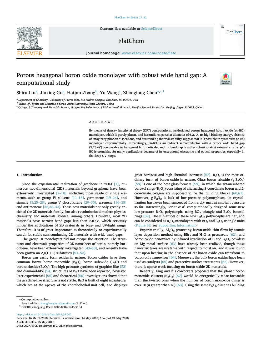 عکس صفحه اول مقاله: Porous hexagonal boron oxide monolayer with robust wide band gap: A computational study Porous hexagonal boron oxide monolayer with robust wide band gap: A computational study
