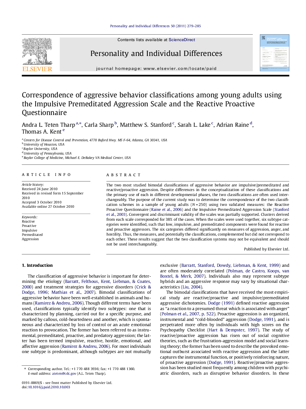 Correspondence of aggressive behavior classifications among young adults using the Impulsive Premeditated Aggression Scale and the Reactive Proactive Questionnaire