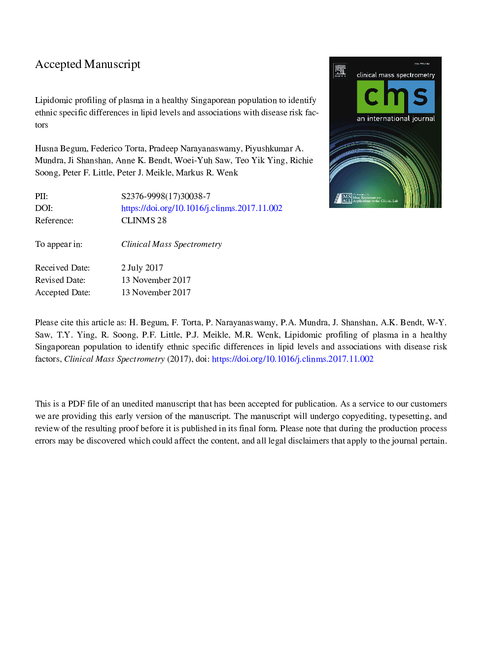 Lipidomic profiling of plasma in a healthy Singaporean population to identify ethnic specific differences in lipid levels and associations with disease risk factors