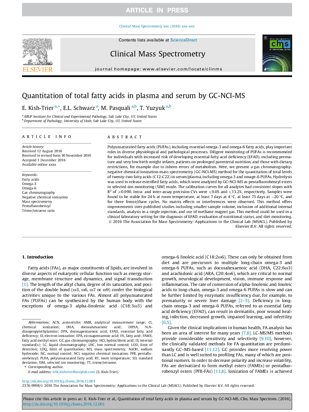 Quantitation of total fatty acids in plasma and serum by GC-NCI-MS