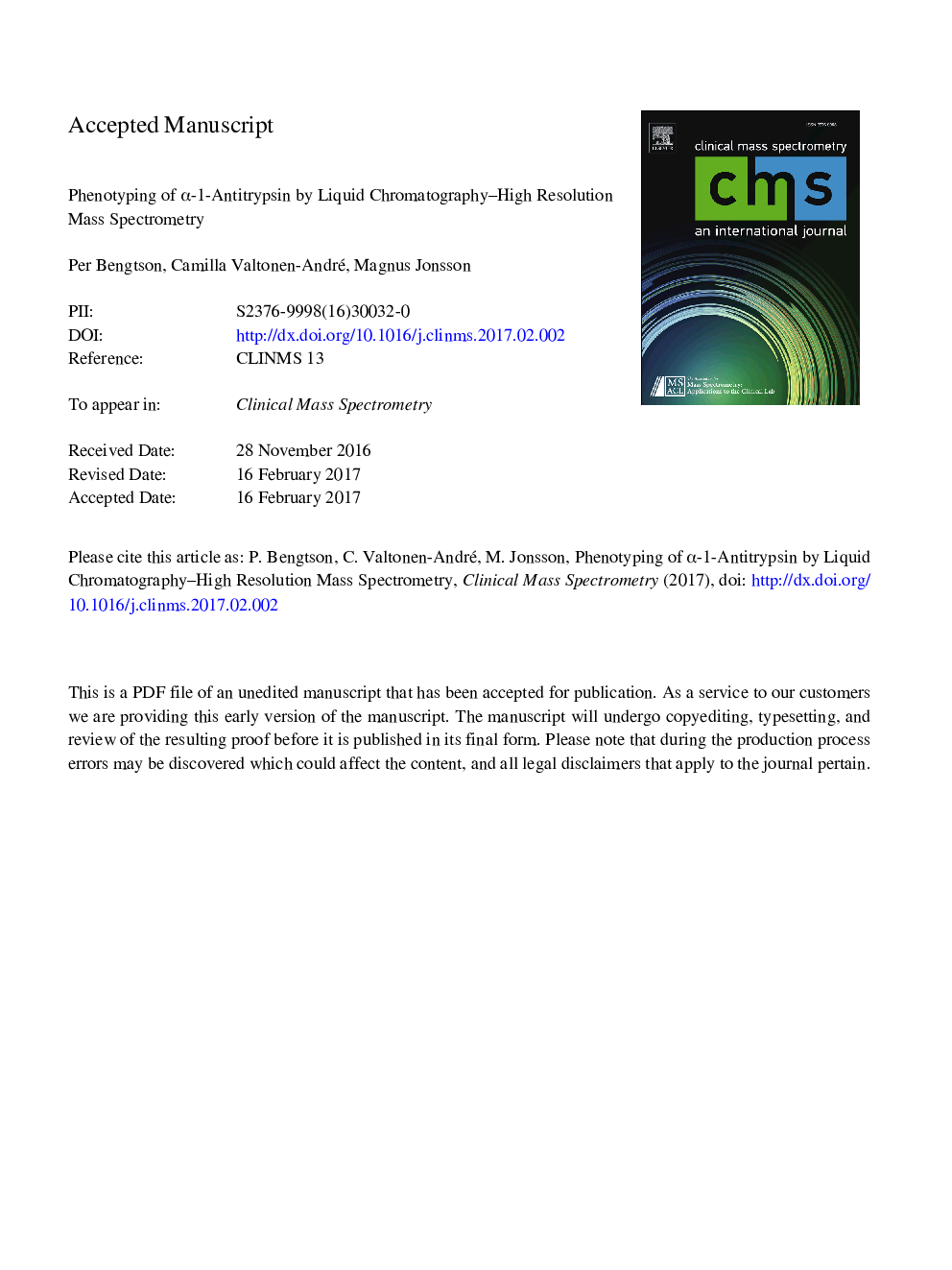 Phenotyping of Î±-1-Antitrypsin by liquid chromatography-high resolution mass spectrometry