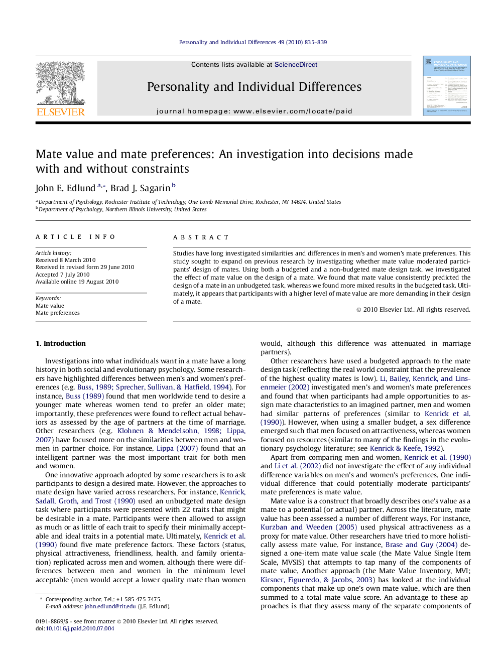 Mate value and mate preferences: An investigation into decisions made with and without constraints