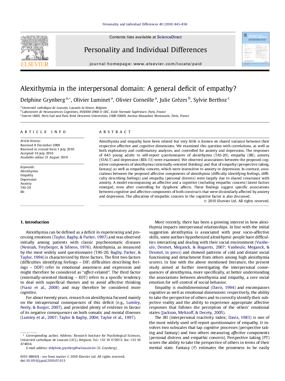 Alexithymia in the interpersonal domain: A general deficit of empathy?