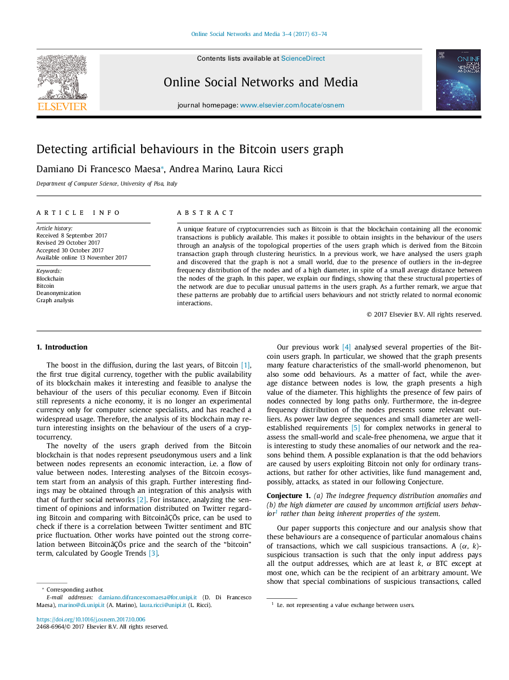 Detecting artificial behaviours in the Bitcoin users graph