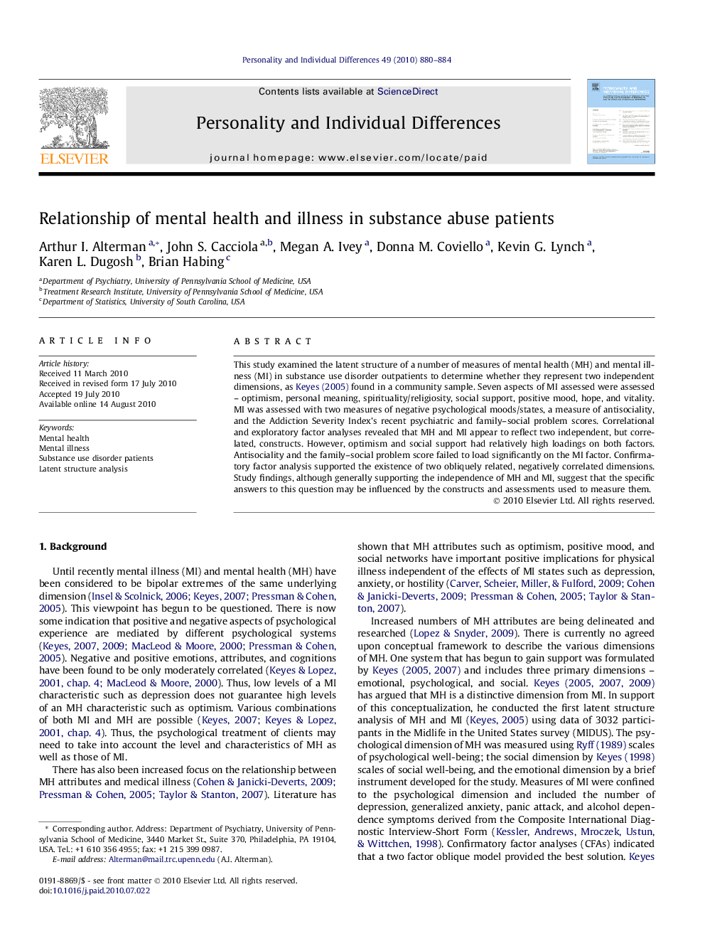 Relationship of mental health and illness in substance abuse patients