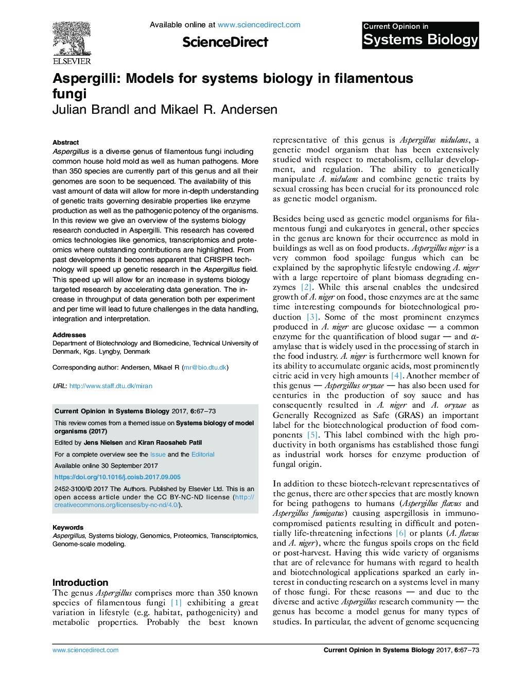 Aspergilli: Models for systems biology in filamentous fungi