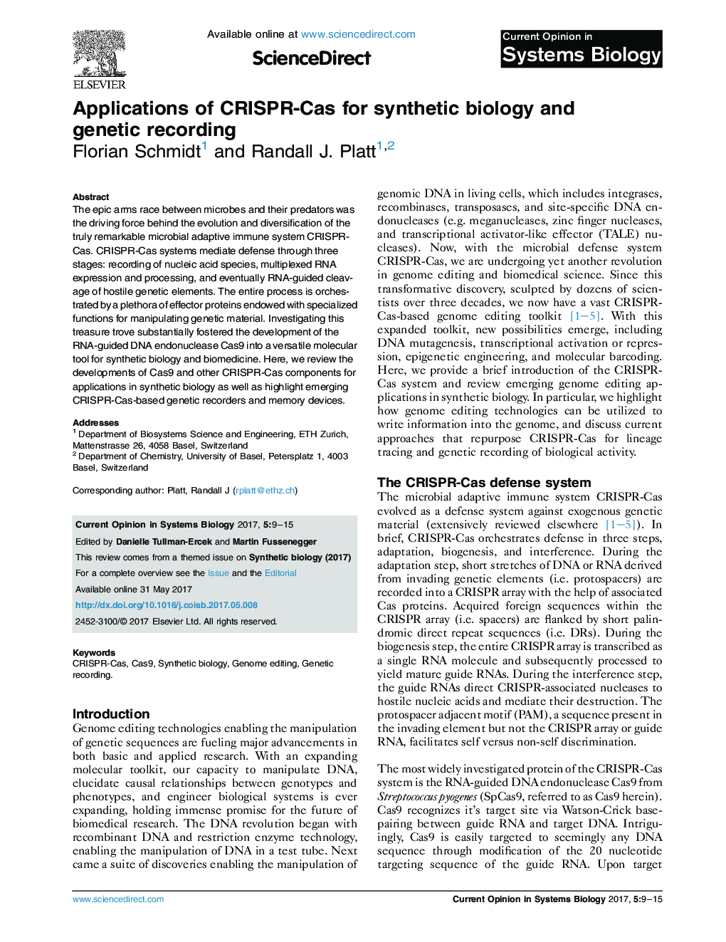 Applications of CRISPR-Cas for synthetic biology and genetic recording