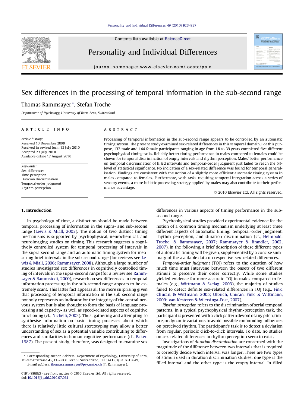 Sex differences in the processing of temporal information in the sub-second range