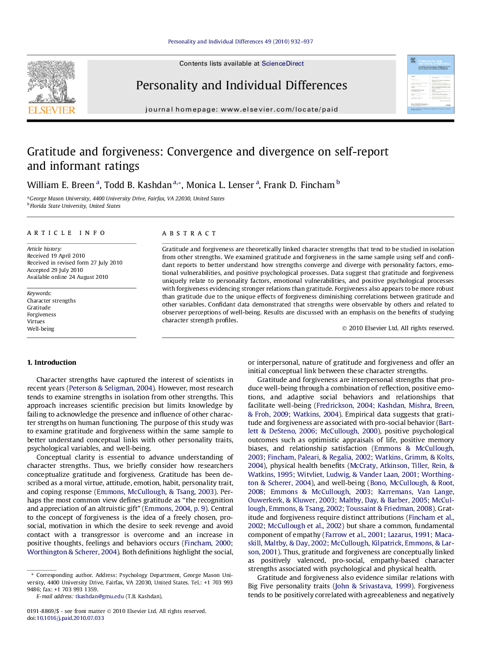 Gratitude and forgiveness: Convergence and divergence on self-report and informant ratings