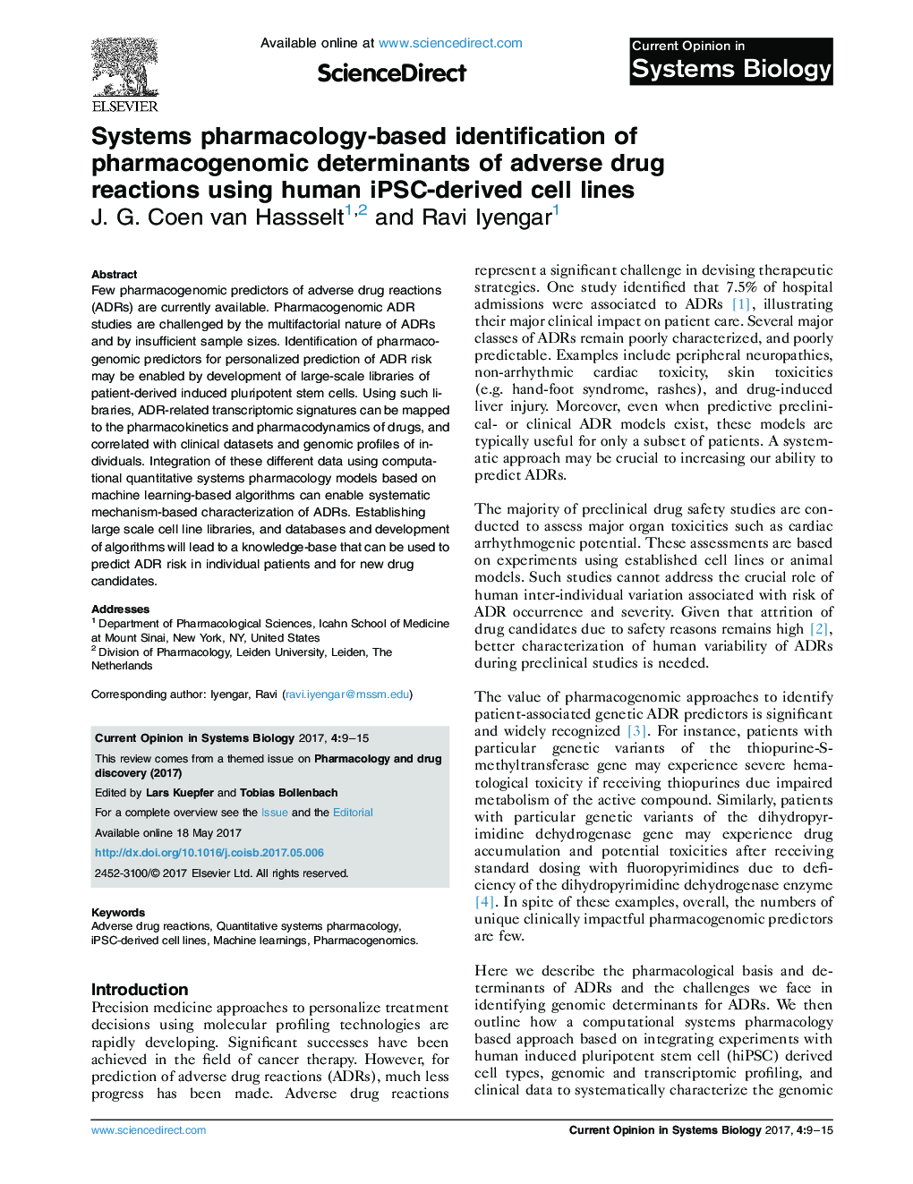 Systems pharmacology-based identification of pharmacogenomic determinants of adverse drug reactions using human iPSC-derived cell lines