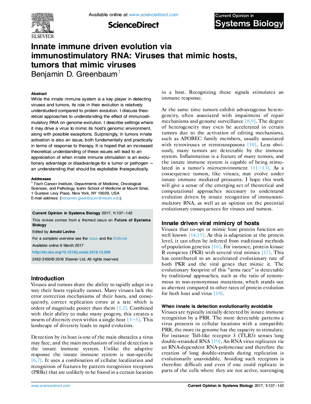 عکس صفحه اول مقاله: Innate immune driven evolution via immunostimulatory RNA: Viruses that mimic hosts, tumors that mimic viruses Innate immune driven evolution via immunostimulatory RNA: Viruses that mimic hosts, tumors that mimic viruses
