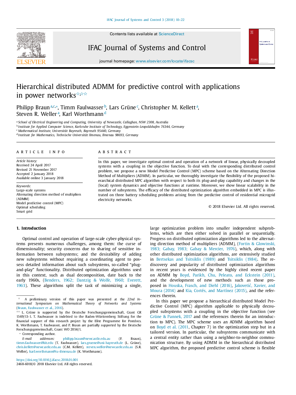 Hierarchical distributed ADMM for predictive control with applications in power networks