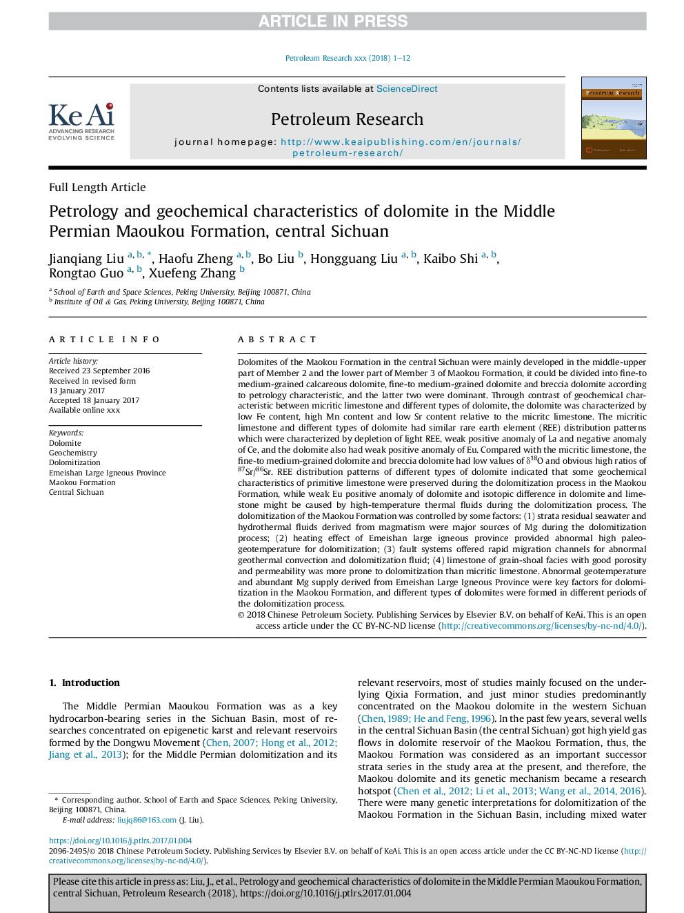 Petrology and geochemical characteristics of dolomite in the Middle Permian Maoukou Formation, central Sichuan