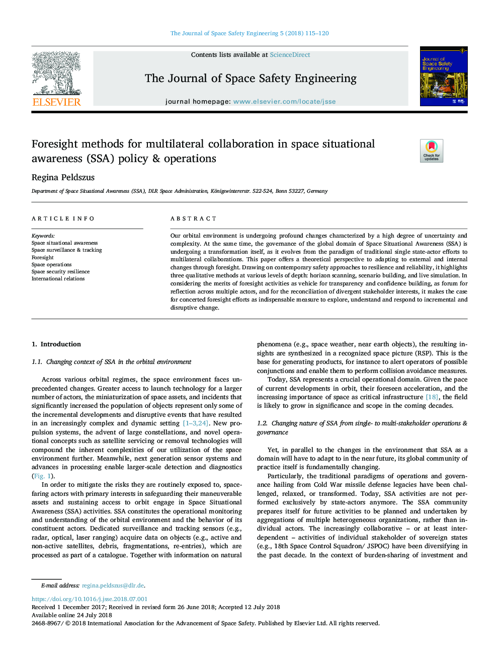 Foresight methods for multilateral collaboration in space situational awareness (SSA) policy & operations