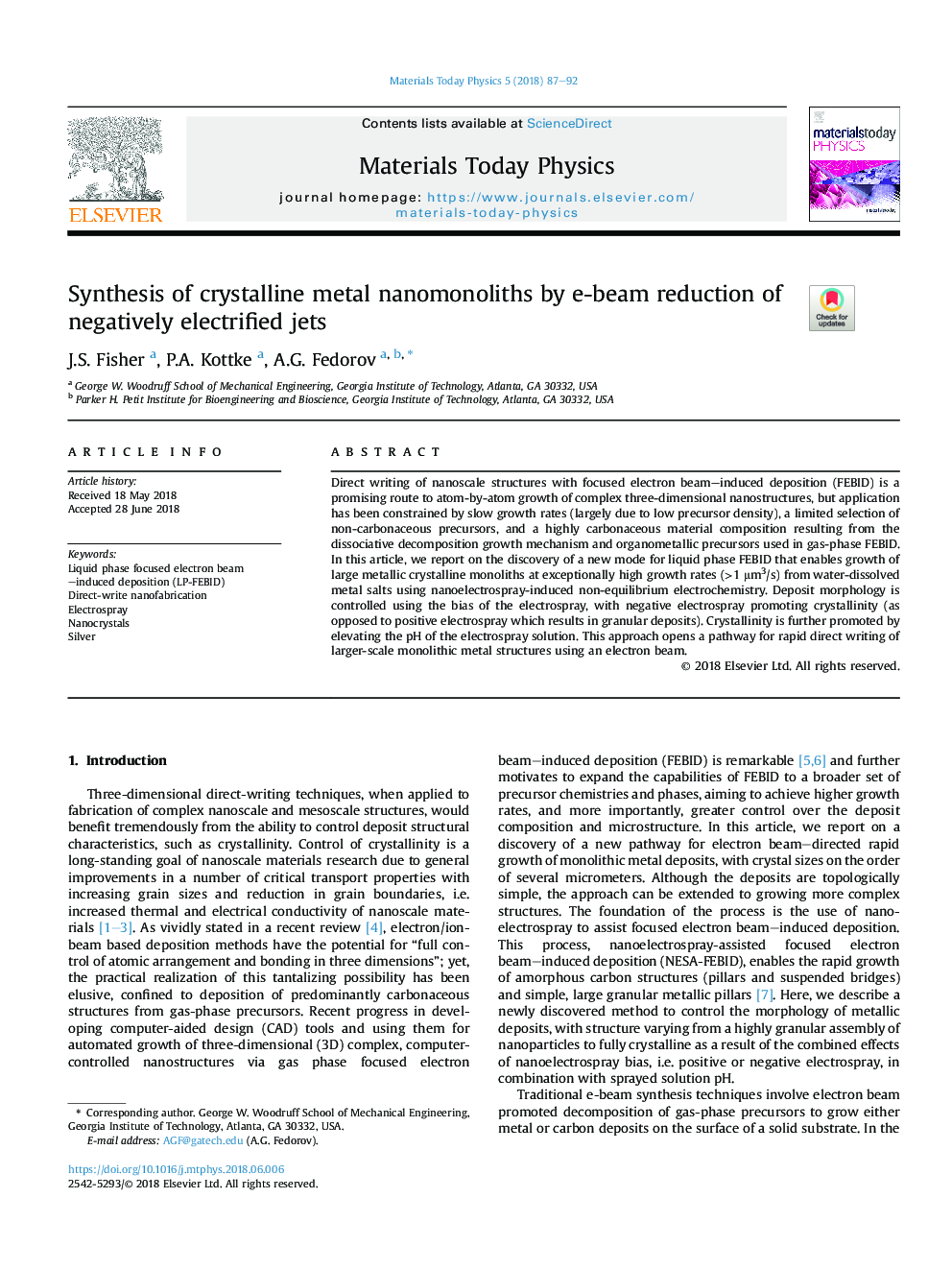 Synthesis of crystalline metal nanomonoliths by e-beam reduction of negatively electrified jets