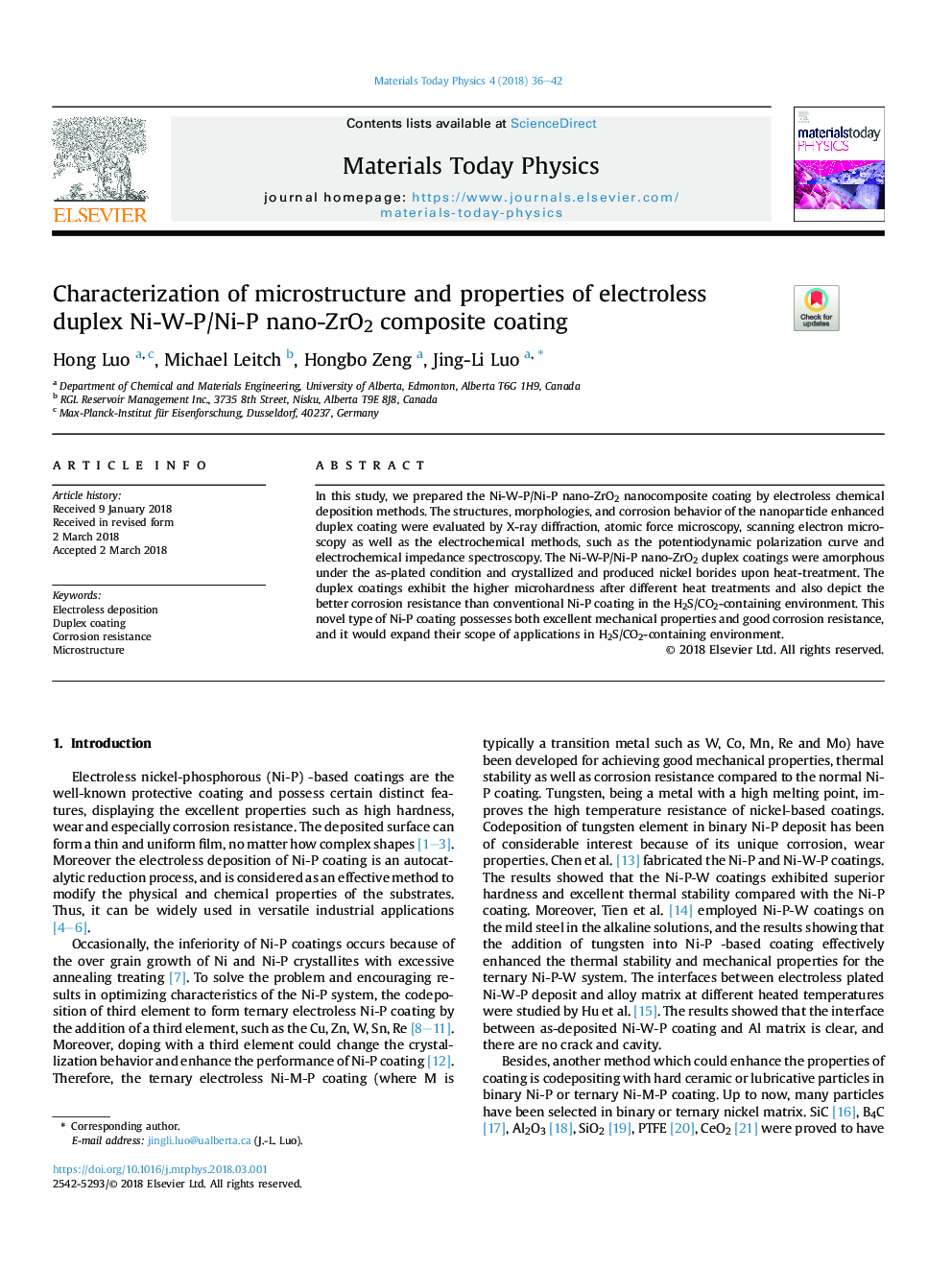 Characterization of microstructure and properties of electroless duplex Ni-W-P/Ni-P nano-ZrO2 composite coating