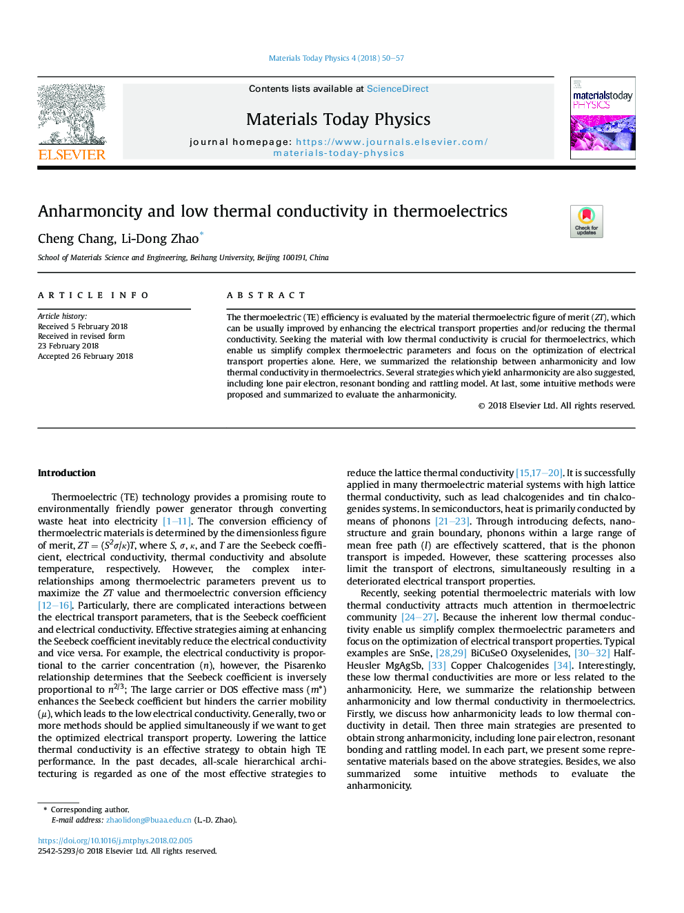عکس صفحه اول مقاله: Anharmoncity and low thermal conductivity in thermoelectrics Anharmoncity and low thermal conductivity in thermoelectrics