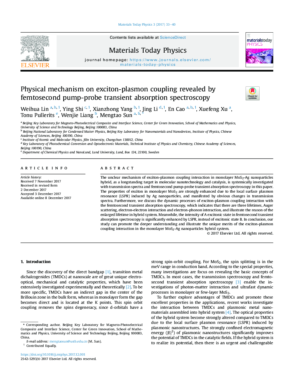 عکس صفحه اول مقاله: Physical mechanism on exciton-plasmon coupling revealed by femtosecond pump-probe transient absorption spectroscopy Physical mechanism on exciton-plasmon coupling revealed by femtosecond pump-probe transient absorption spectroscopy