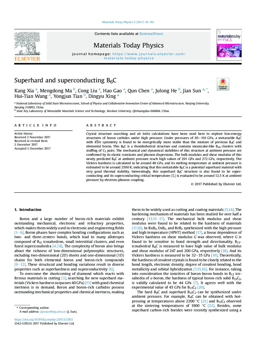 عکس صفحه اول مقاله: Superhard and superconducting B6C Superhard and superconducting B6C