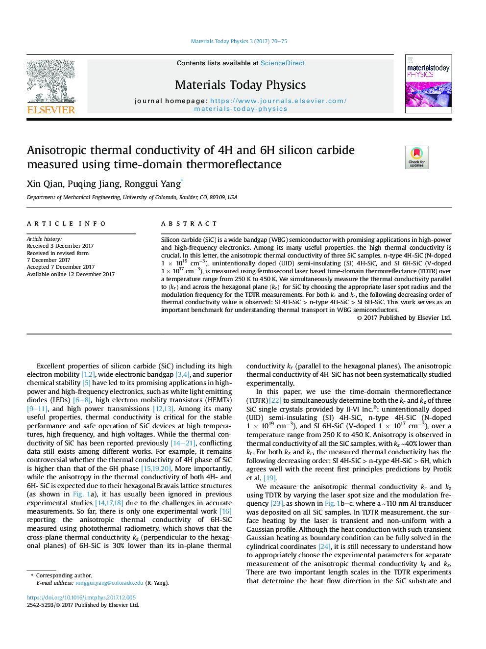 عکس صفحه اول مقاله: Anisotropic thermal conductivity of 4H and 6H silicon carbide measured using time-domain thermoreflectance Anisotropic thermal conductivity of 4H and 6H silicon carbide measured using time-domain thermoreflectance