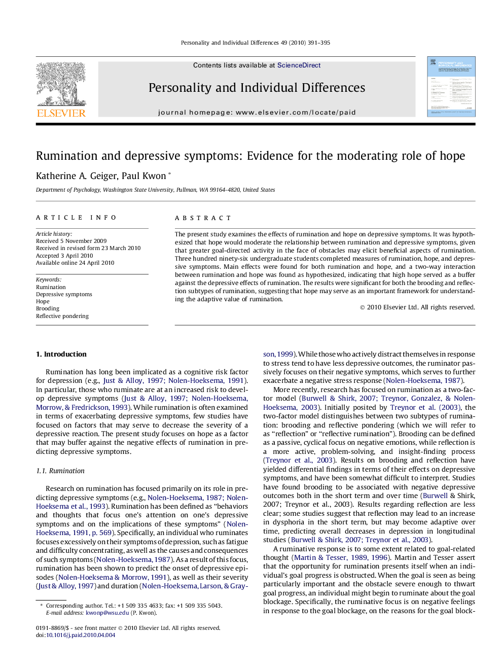 Rumination and depressive symptoms: Evidence for the moderating role of hope