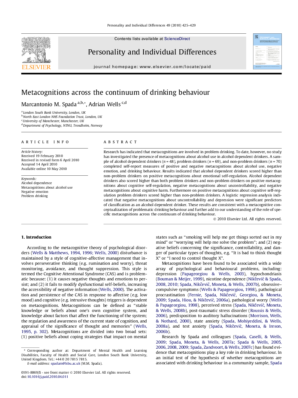 Metacognitions across the continuum of drinking behaviour