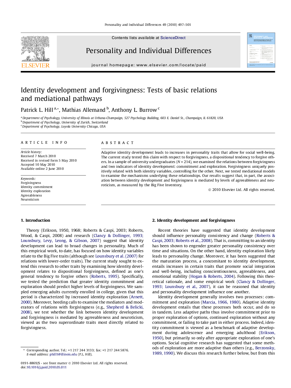 Identity development and forgivingness: Tests of basic relations and mediational pathways