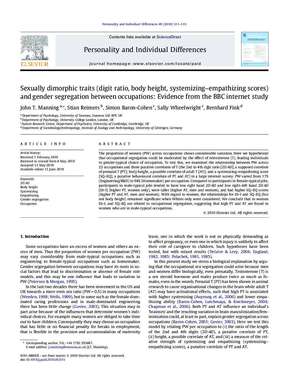Sexually dimorphic traits (digit ratio, body height, systemizing–empathizing scores) and gender segregation between occupations: Evidence from the BBC internet study