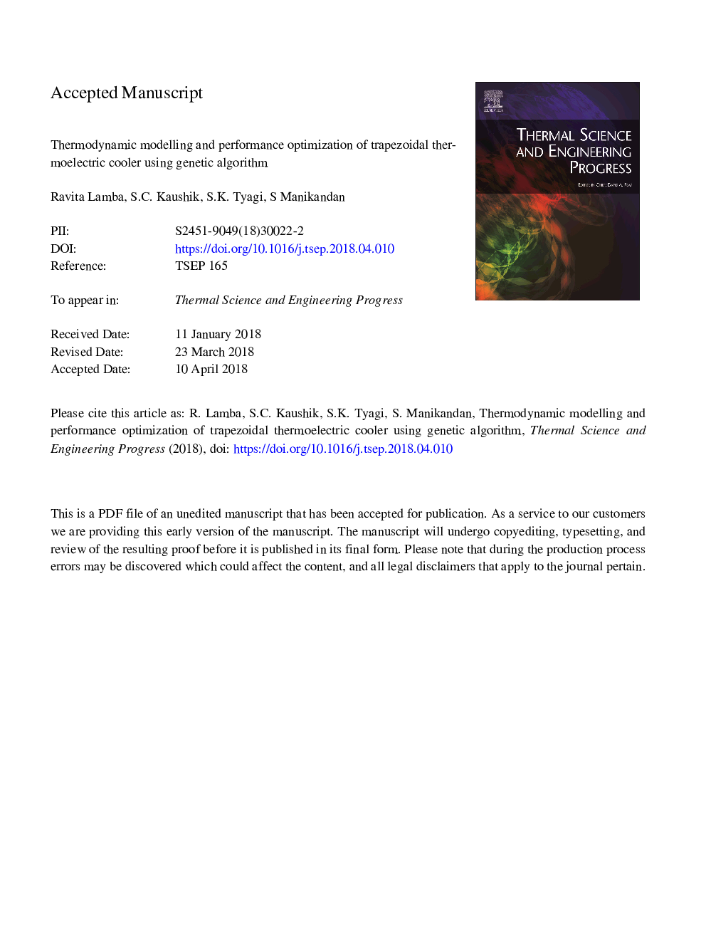 Thermodynamic modelling and performance optimization of trapezoidal thermoelectric cooler using genetic algorithm