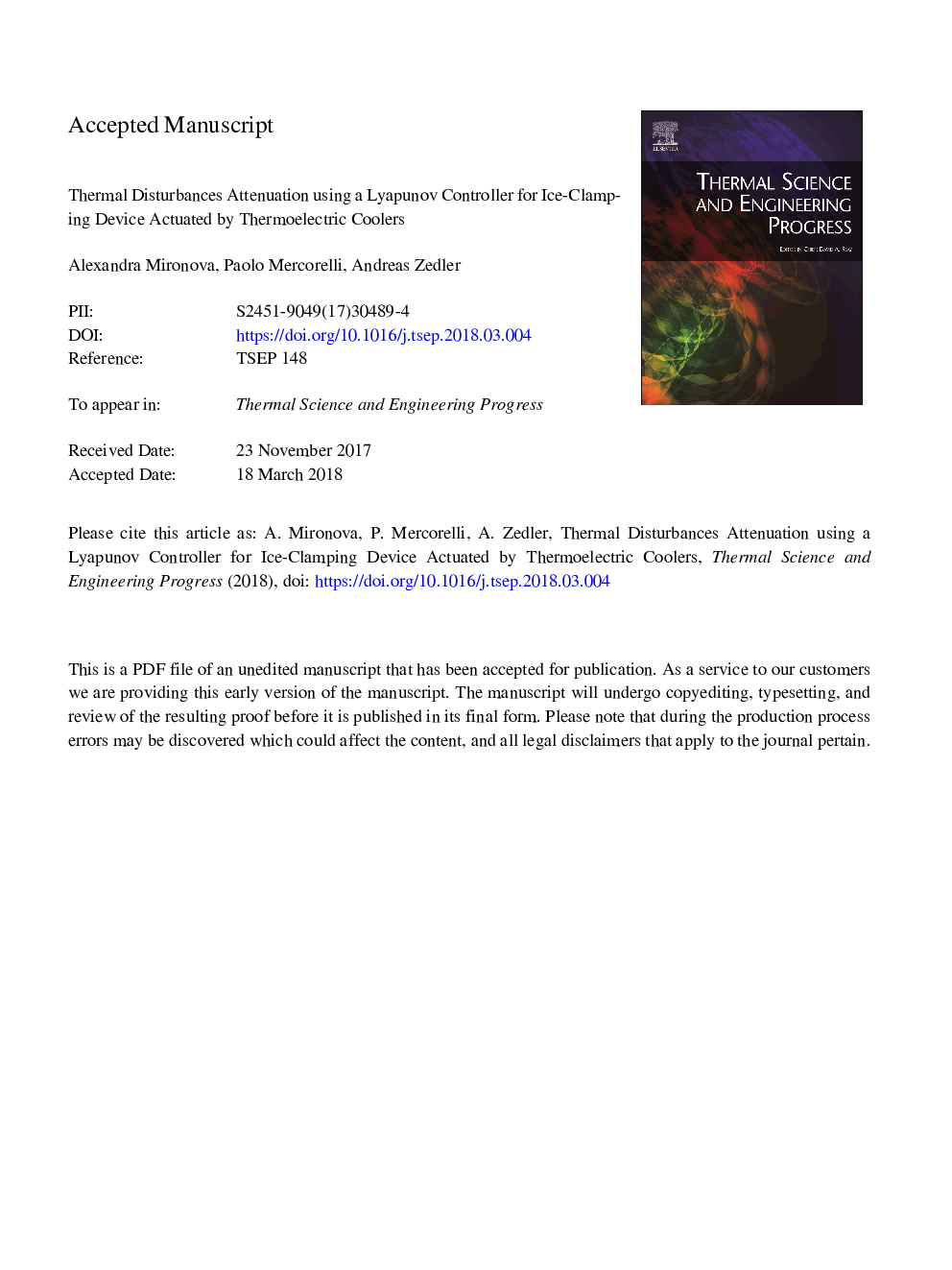 Thermal disturbances attenuation using a Lyapunov controller for an ice-clamping device actuated by thermoelectric coolers