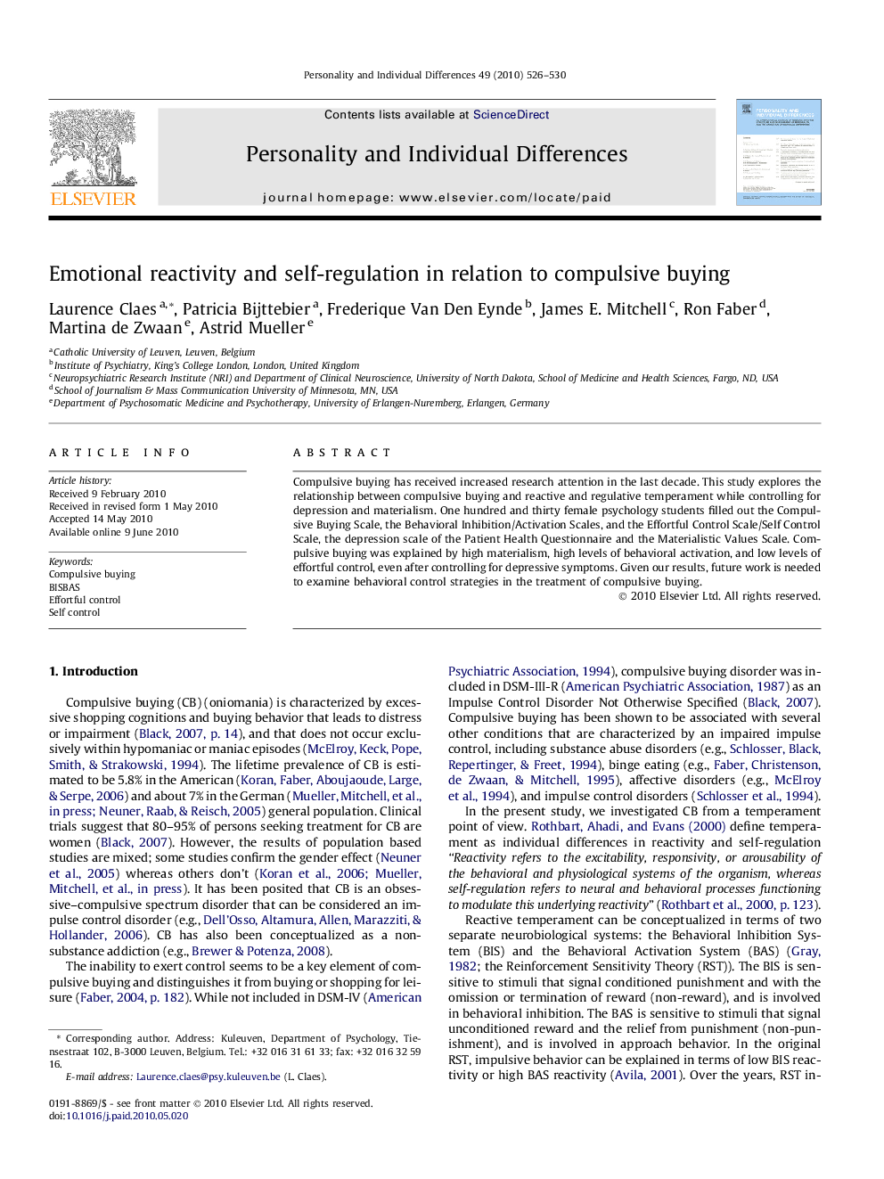 Emotional reactivity and self-regulation in relation to compulsive buying