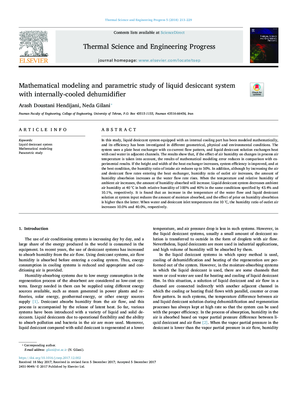 Mathematical modeling and parametric study of liquid desiccant system with internally-cooled dehumidifier