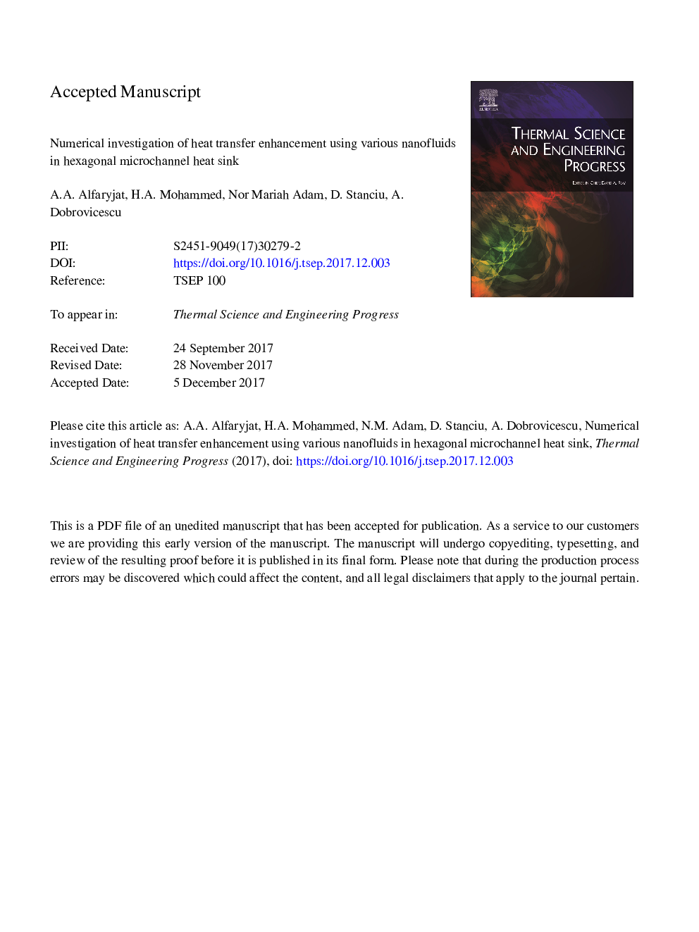 Numerical investigation of heat transfer enhancement using various nanofluids in hexagonal microchannel heat sink