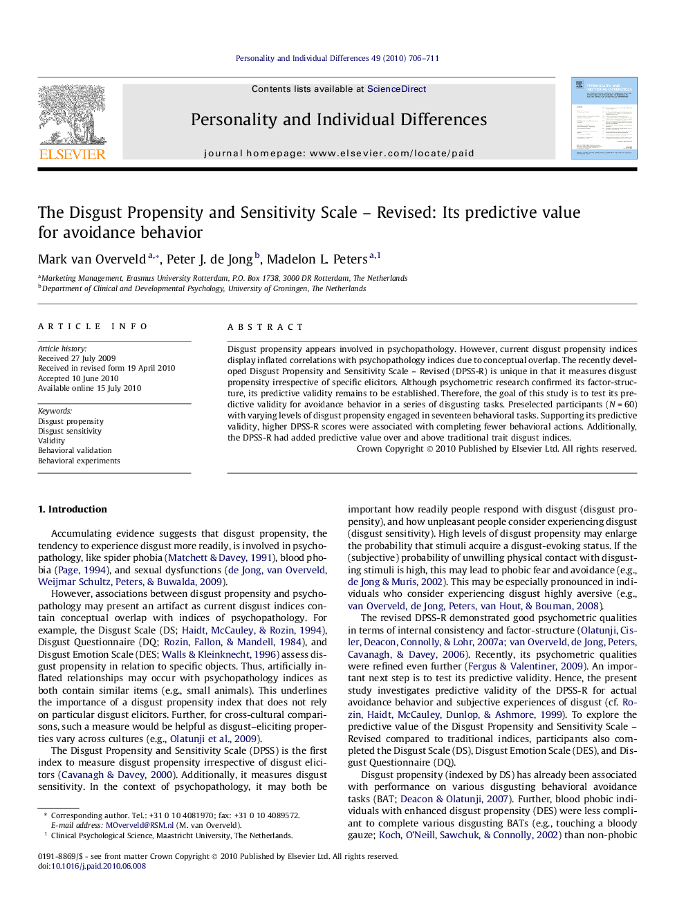 The Disgust Propensity and Sensitivity Scale – Revised: Its predictive value for avoidance behavior