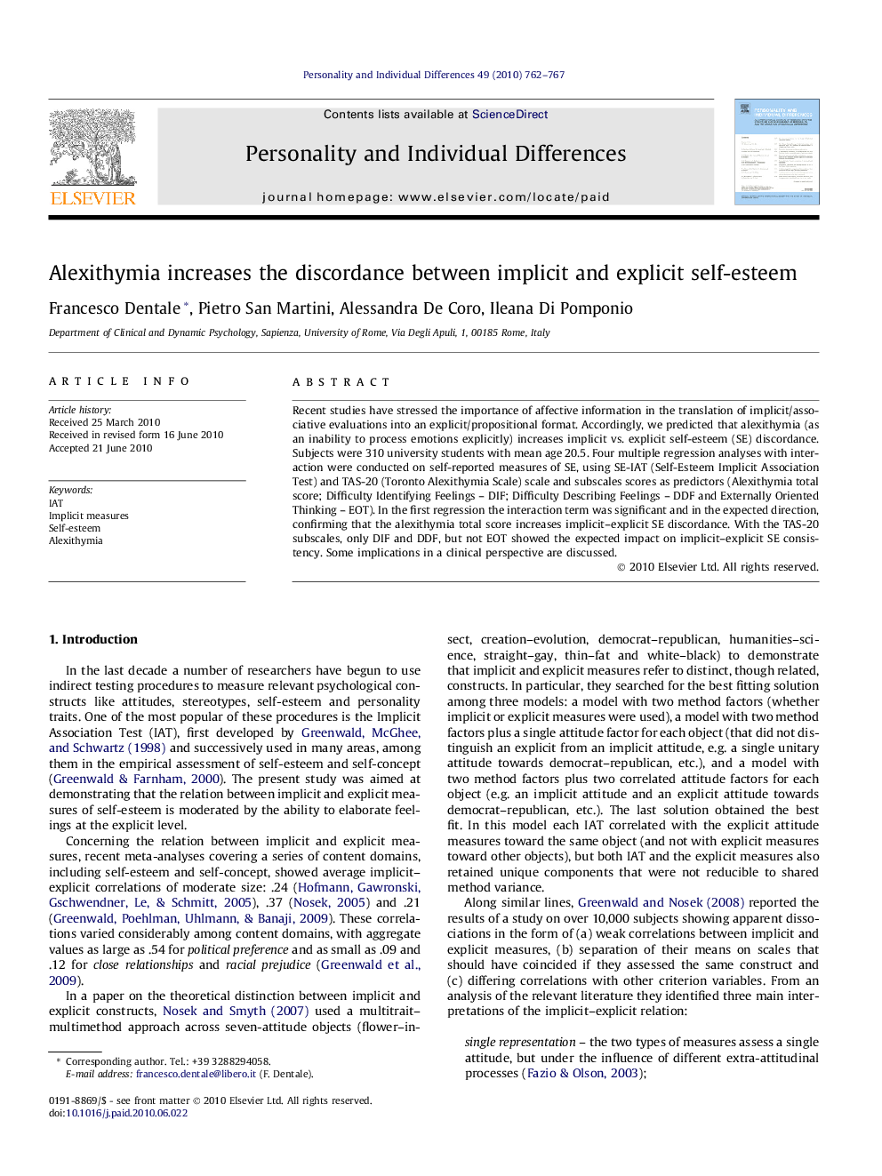 Alexithymia increases the discordance between implicit and explicit self-esteem