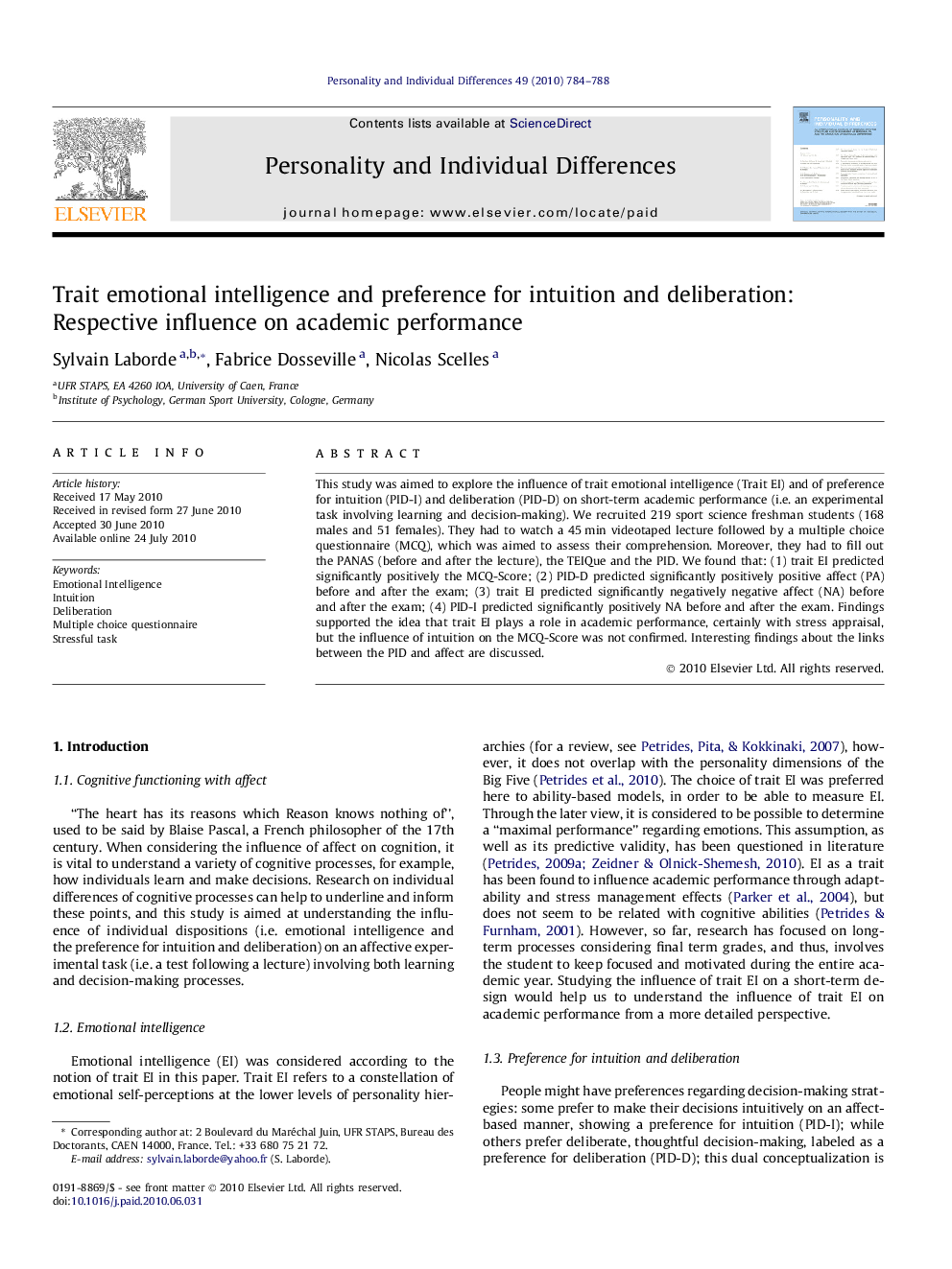 Trait emotional intelligence and preference for intuition and deliberation: Respective influence on academic performance