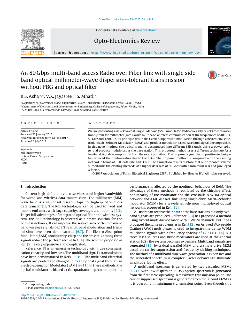 An 80Â Gbps multi-band access radio over fiber link with single side band optical millimeter-wave dispersion-tolerant transmission without FBG and optical filter