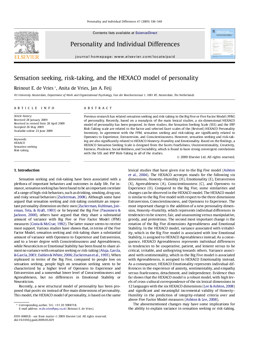 Sensation seeking, risk-taking, and the HEXACO model of personality