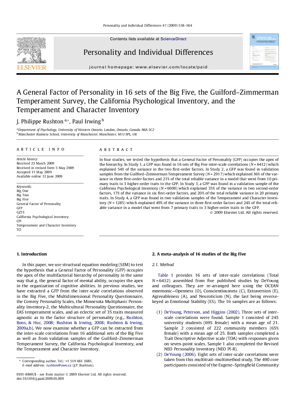 A General Factor of Personality in 16 sets of the Big Five, the Guilford–Zimmerman Temperament Survey, the California Psychological Inventory, and the Temperament and Character Inventory