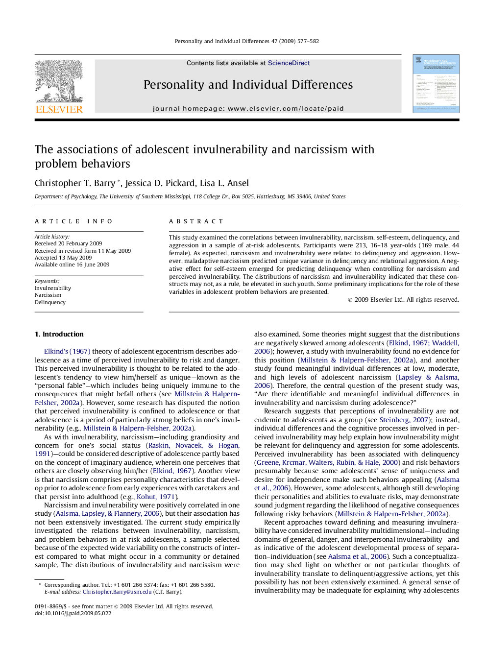 The associations of adolescent invulnerability and narcissism with problem behaviors
