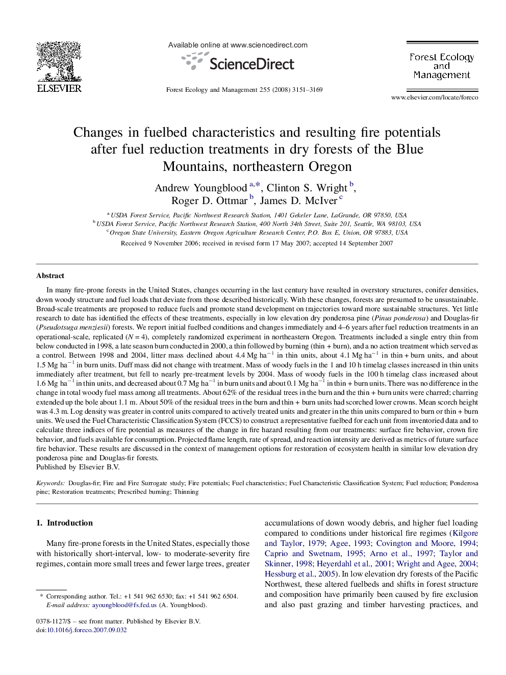 Changes in fuelbed characteristics and resulting fire potentials after fuel reduction treatments in dry forests of the Blue Mountains, northeastern Oregon