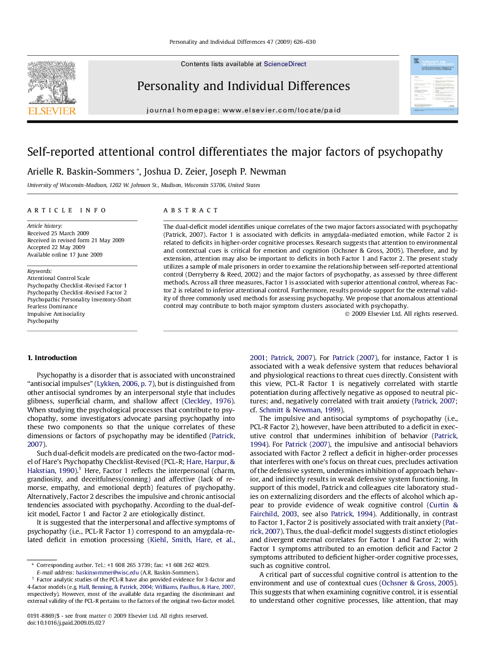 Self-reported attentional control differentiates the major factors of psychopathy